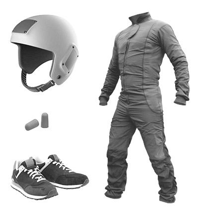 Шлем, комбинезон и обувь для полетов в аэродинамической трубе